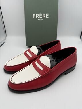 NIB FRERE Leather Two-Tone Penny Loafers Red White Made in Italy EU 42 US 9